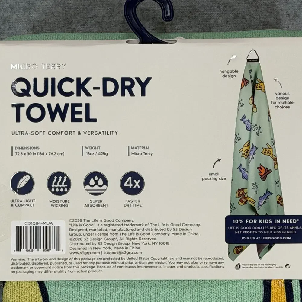 Life is Good Quick Dry Towel Micro Terry Beach Camp Travel Fish 72x30 Green NWT